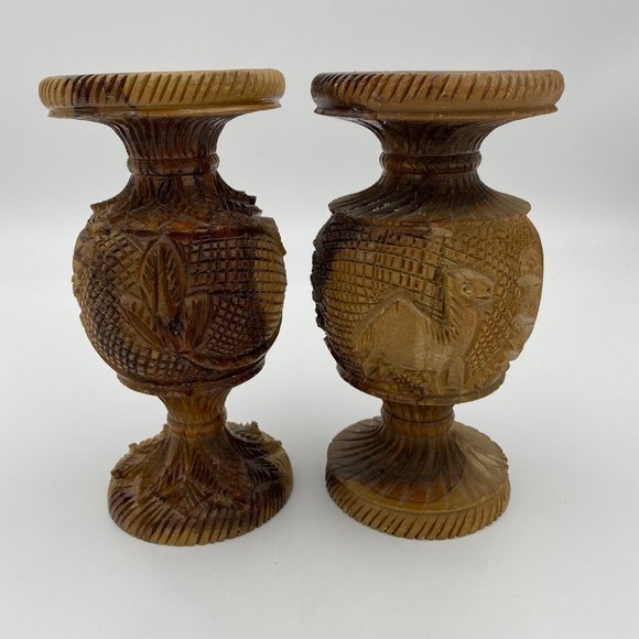 Other - Lot of 2 Vintage Hand Carved Olive Wood Vase Camel Palm Tree Animal Plant Israel